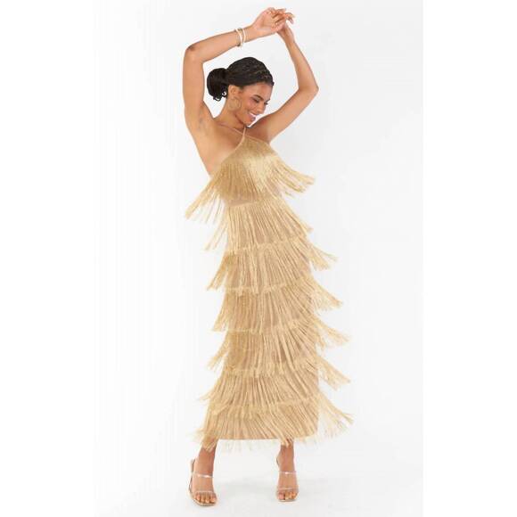 NEW SHOW ME YOUR MUMU gatsby maxi dress in gold rush fringe - Picture 4 of 5